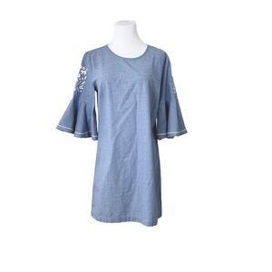 Mud Pie Chambray Blue 3/4 Embroidered Bell Sleeves‎ Shift Dress Sz Small